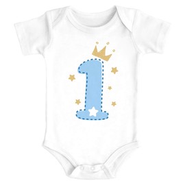 MoonWorks® Baby Bodysuit First Birthday Number 1 or 2 with Crown and Stars Short Sleeve Body Organic Cotton, 1 White/Blue