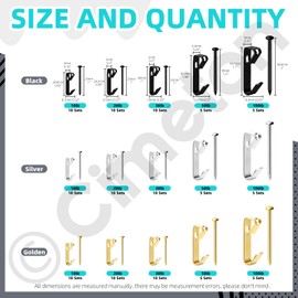 Cimeton 120Pcs 5 Sizes Picture Hangers Picture Hanging Kit Picture Hanging Hooks Frame Hooks Picture Hooks Picture Frame Hangers Picture Hooks with Nails for Wall Mounting (Silver, Gold, Black)