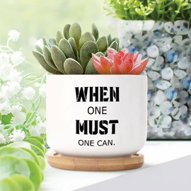 DecStic When One Must, One Can Planter Ceramic Bible Verse Round Plant Pot with Drainage Holes and Bamboo Tray Pot for Outdoor Garden Home Plant