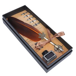 Feather Quill Pen Set, Retro English Calligraphy Dip Pen With 5 Alloy Nibs Antique Set Luxury Vintage Signature Lightweight Writing Ink Stationery Gift Box for Friend Teacher Family(Orange)