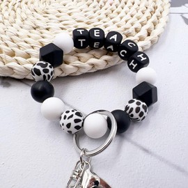 Phamines Keychain Wristlet Bracelet for Teacher,Silicone Beaded Key Ring Bracelet Wristlet, Teacher Gift from Student (Black)