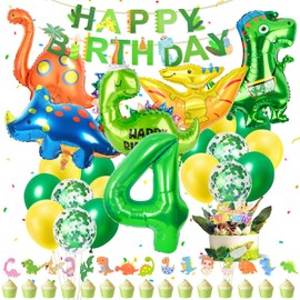 Muyohix Dino Birthday Decoration 4 Years, Pack of 39 Dinosaur Decoration Children's Birthday, XXL Dinosaur Birthday Decoration Boys 4 Years, Balloons Green Yellow for Dinosaur Jungle Party Children's