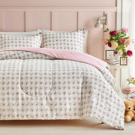 Joyreap 3pcs Floral Cotton Comforter Set for Girls, Baroque Pink Design, Twin Size Soft n Cozy Kids Bedding Comforter for All Season- 68x88 inches