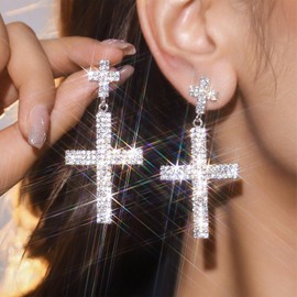 Rhinestone Cross Earrings for Women Cross Dangle Drop Earrings Hypoallergenic Crystal Cross Earrings Religious Jewelry Gift for Women
