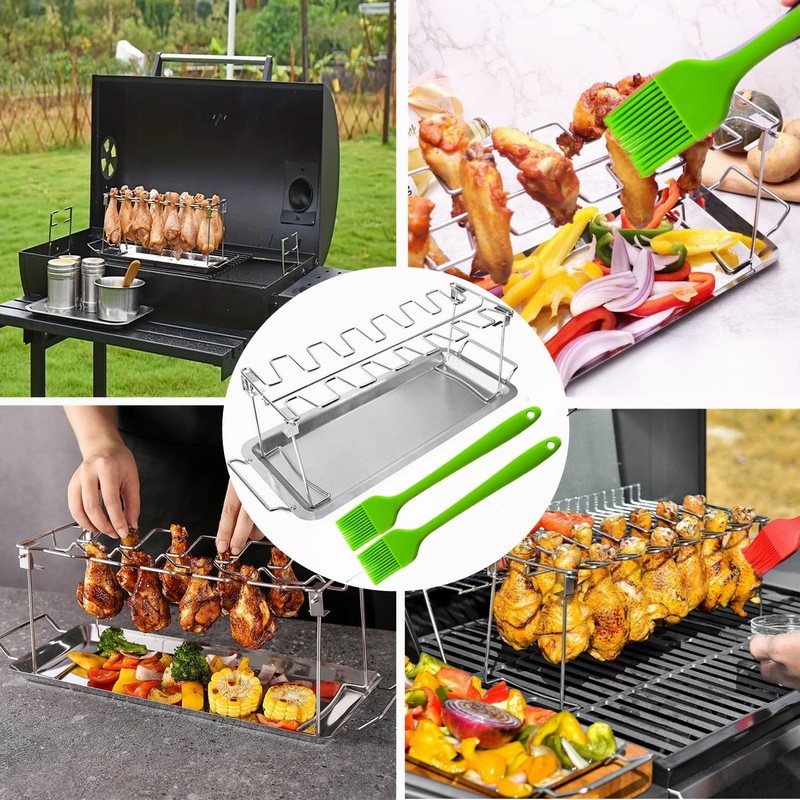 Chicken Leg Rack for Grill with Drip Tray, 14 Slots