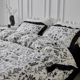 SUSYBAO Black White Flower Duvet Cover King 100% Cotton 3 Pcs Set 1 Black Ruffled Botanical Duvet Cover with Zipper Ties 2 Pillow Shams Vintage Farmhouse Floral Ruffle Bedding Set Soft