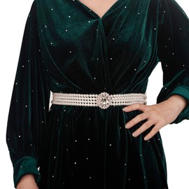 Jumwrit Elastic Pearl Belt for Women Rhinestone Waist Chain Belt Flower Layered Pearl Wedding Dress Belt Sash Off White Round Pearl Bridal Belt（Style 4）