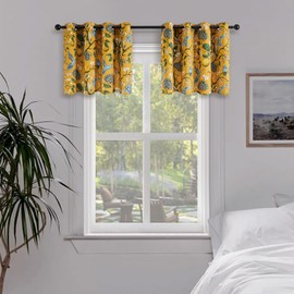 Topfinel Bright Yellow Kitchen Valances 24 Inches Long Vintage Botanical Garden Hummingbird Thermal Insulated Faux Silk Grommet Blackout Small Window Curtains for Track Laundry Kitchen Camper 2 Panels