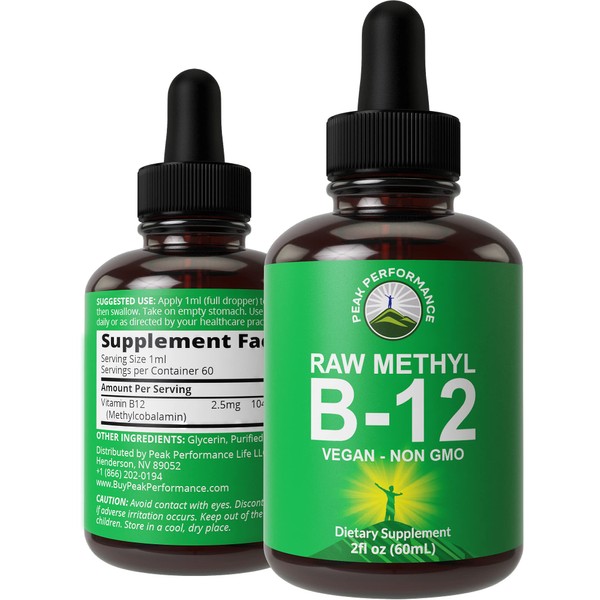 Raw Methyl B12 Liquid Drops. Sublingual Fast Acting Advanced Vegan B 12 Liquid Vitamin Supplement. High Bioavailability Methylcobalamin B-12 Vitamins for Energy, Focus and Relief. For Men + Women