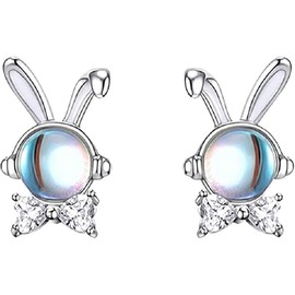Bunny Earrings Studs for Women Moonstone Rabbit Studs Earrings Cute Animal Earrings Hypoallergenic (Silver, One size)