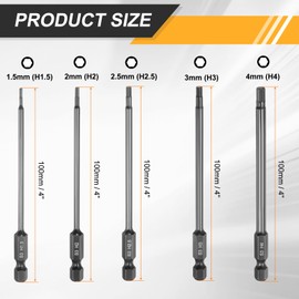 HARFINGTON 5pcs Flat Hex Head Drill Bit H1.5/H2/H2.5/H3/H4 Magnetic Tip 1/4" Hex Shank 100mm (4") Long Mirror Polished Metric Hexagonal Screw Driver Screwdriver Bit Wrench Electric Power Tool