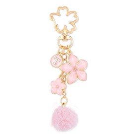 XGALBLA Pink Cute Flower Initial Letter Keychain for Women, Flower Keychains with Pom Pom Fuzzy Keychains Bag Charms for Purse, Car Key, Handbags,Backpacks(T)
