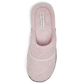 Laura Ashley Womens Rugged Memory Foam Terry Cloth Spa Slippers, Soft Non Slip Rubber Bottom Closed Toe House Slider, Vintage Pink/Medium