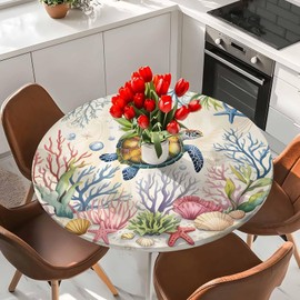 Nautical Turtle Round Tablecloth Fitted Table Cover, Elastic Tablecloths Waterproof Outdoor Indoor Stretch Cloth Tablecover for Dinner, Party, Shower, Vintage Coastal Summer Coral Beach Ocean 55-60IN