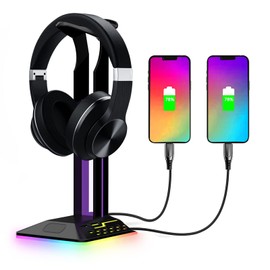 RGB Headphone Stand, Dual USB 2.0 Ports Headset Stand with Light, Stable Gaming Headset Holder with Non Slip Rubber Pad Desk Earphone Hanger for PC Gamers