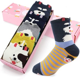 Cosyres Cute Animals Socks Novelty Cartoon Socks for Women Girls Pack of 5 (Stripe)