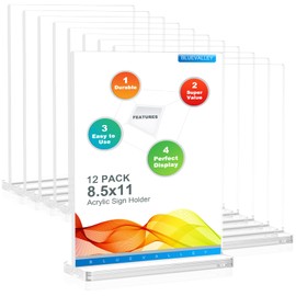 BlueValley Acrylic Sign Holder 8.5 x 11 Vertical, Clear Display Signs Holder, Double-Sided Table Menu Sign Stands Plastic Flyer Holders Standing for Picture Paper Frame Holder Home Office Retail Restaurant Show Fair-12 Pack