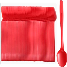 Potchen 100 Pcs Long Spoons for Ice Cream Floats Plastic Sundae Spoons Bulk 8 Inch Long Handle Spoon Heavy Duty for Ice Cream Milkshakes Tea Cocktails and Tall Ice Beverages (Red)