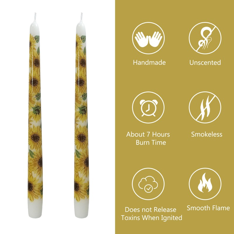 Sunflower Taper Candles Candlesticks 10 Inch Handmade 2pcs Yellow Dripless