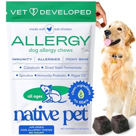 Native Pet Dog Allergy Chews - Dog Allergy Relief with Probiotics and Colostrum for Itchy Skin Relief to Support Seasonal Allergy and Healthy Immune System - All Natural Anti-Histamine - 90 Chews