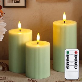 Vtobay LED Flameless Candles with Candle Grease,Vertical Stripe Battery Operated Flickering Real Wax Pack of 3 Sage Green Pillar with Remote Control and Timer(3"x 4",5",6")