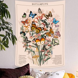 AMM Butterfly Vintage Floral Tapestry Wall Hanging - Colorful Retro Art Aesthetic for Bedroom, Dorm, Living Room (Pink, 44'' 60'')