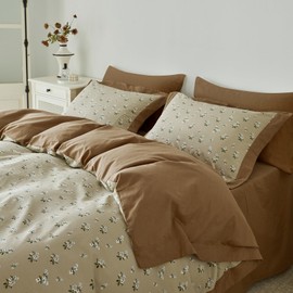 SUSYBAO Cute Floral Duvet Cover Queen 100% Cotton 3 Pcs Set 1 Khaki White Flower Hemmed Duvet Cover with Zipper Ties 2 Pillow Shams Cottagecore Botanical Print Bedding Set Soft