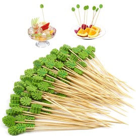 100pcs Wooden Skewers for Food, Cocktail Sticks, 12cm Bamboo Toothpicks with Leaf Design, Appetizer Picks for Barbecue, Party Decorations, Tropical Theme Events