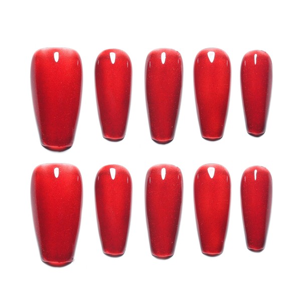 Sun&Beam Nails Handmade Press-on Medium Long Coffin Red Ruby Magnet