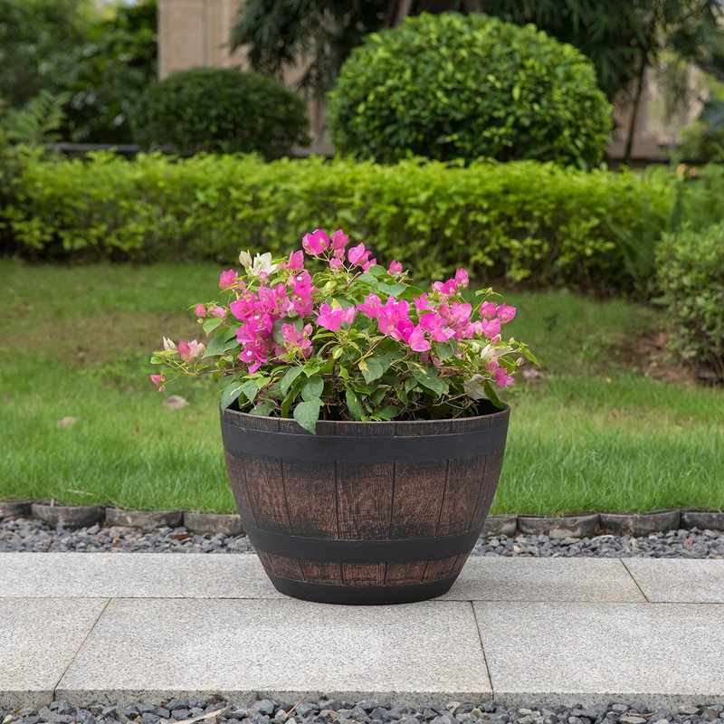 Brown Outdoor Rustic Half Barrel Flower Garden Planter Bowl, Plastic,
