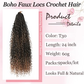 Haftaluv Boho Faux Locs Crochet Hair 9 Packs Long Goddess locs 24 Inch Boho Soft Locs With Curly Ends Pre Looped Bohemian River Loc Crochet Hair For Women (24 inch,T30)