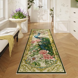 Vowkten Runner Rug for Kitchen 2'x6' Washable Rugs with Rubber Backing Non Slip Soft Floral Peacock Animal Carpet Runner for Kitchen, Laundry, Bedroom, Bathroom (Beige)