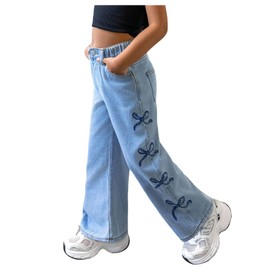 WDIRARA Toddler Girl's Bow Print Wide Leg Jeans Elastic Waist Cute Denim Pants Medium Wash 5Y