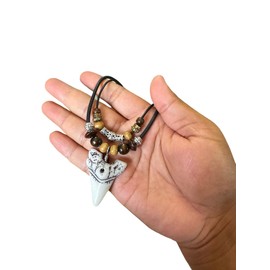 Shark Tooth Necklace for Men Boys Double Layer Necklace - Wood Beaded with Adjustable (White)
