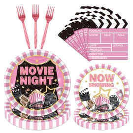 Aposwow Movie Night Tableware Supplies, 96PCS Movie Night Party Plates Napkins and Forks Set, Pink Disposable Dinnerware for Girls Birthday Party