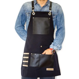 MONAPRON Heavy Duty Apron Bleach Resistant for Men Barbers Hairdresser Crossback Apron Adjustable Faux Leather Straps 20 Black Apron