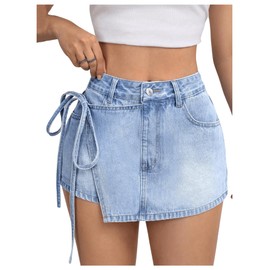 MakeMeChic Women's High Waisted Wrap Front Denim Skort Straight Leg Knot Side Jean Shorts Light Wash 32