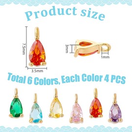 AHANDMAKER 24 x Teardrop Pendant with Zirconia. 6 Colours Brass Micro Pave CZ Teardrop Pendant Charms 3.5 x 7.5 mm Small Water Drop Pendant for Necklaces Bracelets Earrings, Brass and zirconia