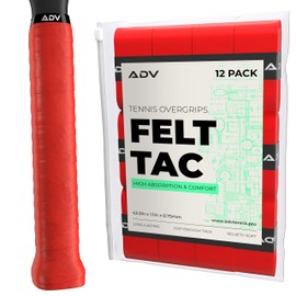 ADV Tennis Racket Grip Tape - Dry FeltTac Ultra Absorbent Tennis Grip Tape with Exclusive Material for High Velvety Comfort - Pro Tested & Designed Tennis Overgrip (12-Pack Red)