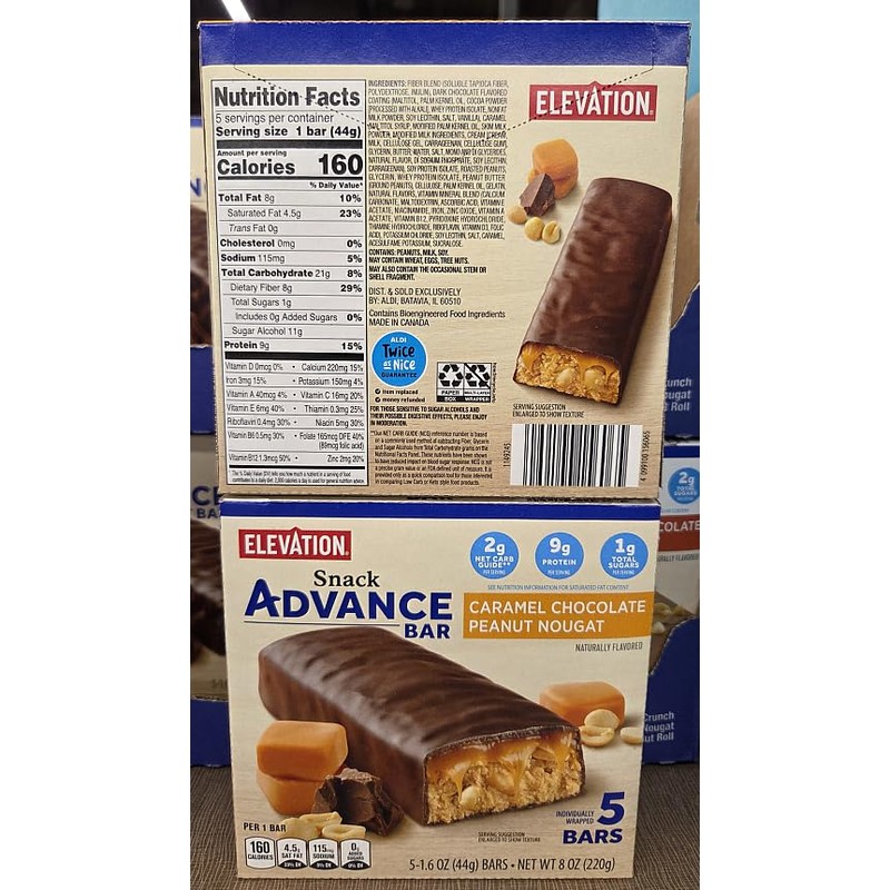 Elevation Caramel Chocolate Peanut Nougat Snack Advance Bar 8oz 220g