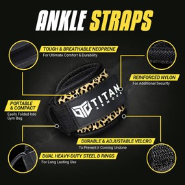 Titan Armour® Single Ankle Straps for Cable Machines | Gym Cuffs w/Heavy-Duty Steel Double D-Rings & Adjustable Strap | Lower Body Workouts Inc. Leg Curl & Glute Kickback (Leopard Print)