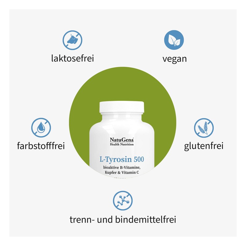 NatuGena L-Tyrosine 500, Bioactive B Vitamins (B3, B2, B6), Copper