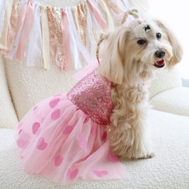 Yaopelky Small Dog Princess Dresses Sparkly Sequin Dog Cat Dress Heart Print Tulle Dress Cat Outfit Pet Costume for Yorkie Teddy Chihuahua Clothes (Heart-Sequin, L(4-5kg))