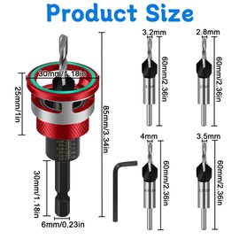NCTNCX Countersink Drill Bit Set 6 Pieces 2.8 mm, 3.2 mm, 3.5 mm, 4 mm Drill Countersink Wood Pre-Drill with Countersink Wood with Depth Stop and Hex Shank for DIY, Woodworking
