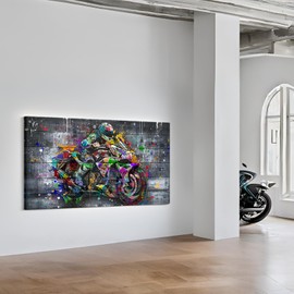 NutArtPic Graffiti Motorcycle Wall Art Pop Street Art Motorcycle Racing Painting Extreme Sport Cool Wall Decor for Man Teens Kids Dorm Cave Decor Framed 20''x36'' (Grey)