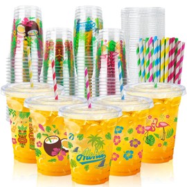 100 Pcs Summer Hawaiian Plastic Cups with Straws Lids 12 oz Disposable Tropical Luau Cups Aloha Flamingo Drinking Cups for Tiki Beach Pool Party Favors
