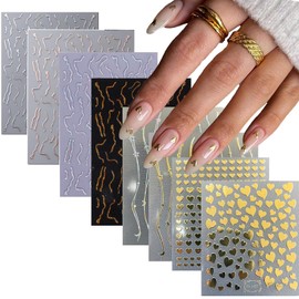 8 Sheets Irregular Line Nail Art Stickers Gold Heart Nail Stickers 3D Self-Adhesive Silver Stripe Nail Decals Curve Wave Lines Nail Designs for Women Girls Nail Decoration Nail Supplies