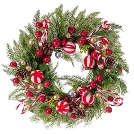 WDS WONDROUS Christmas Wreath, 24 Inch Door Wreath with Candy Canes Pinecones Berries for Front Porch Garden Indoor & Outdoor Wall Holiday Decorations
