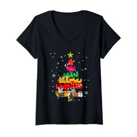 Womens Santa Cat Christmas Tree Present Boxes Cats Shape Lover V-Neck T-Shirt