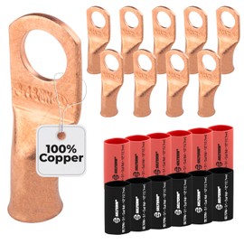 SELTERM 10pcs - 4 Awg 3/8" Stud (Wide) - Battery Lugs - Ring Terminal Connectors with 12pcs 3:1 Black & Red Heat Shrink Tubing with Adhesive, Heavy Duty Battery Cable Ends - Bare Copper Wire Lugs Kit